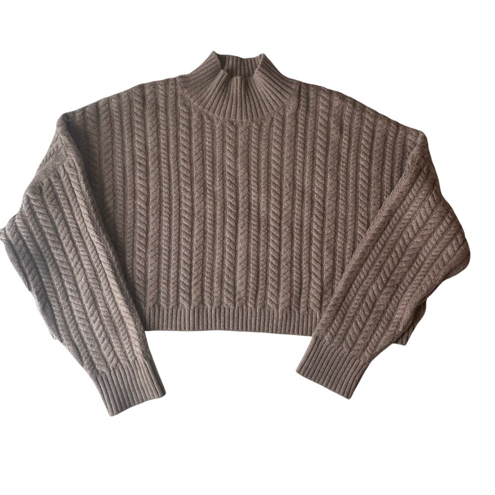 Banana Republic Size Med Cropped Mock Neck Cable Knit Cotton/Wool Tan Sweater
